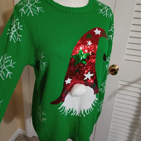 Ugly Christmas Sweater Gnome Medium Sequined Green Snowflakes PomPom Nose - Picture 5 of 12